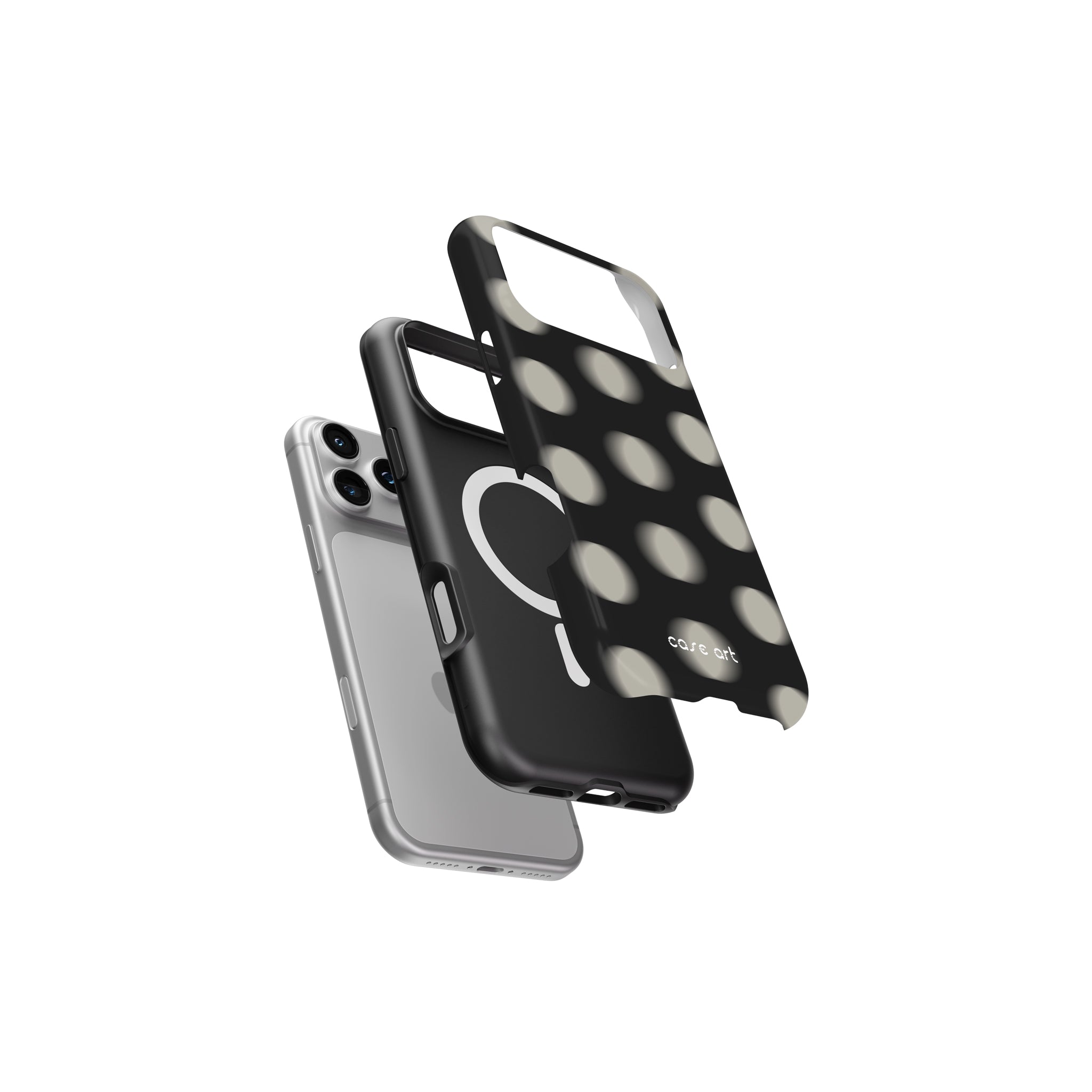 Phone cases with polka dot design and clear back on a white background