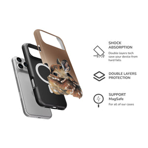smartphone case shown on a white background with feature callouts: black layer, and a tan case with a realistic chipmunk graphic. Text on the right lists shock absorption, double layers protection, and MagSafe support.