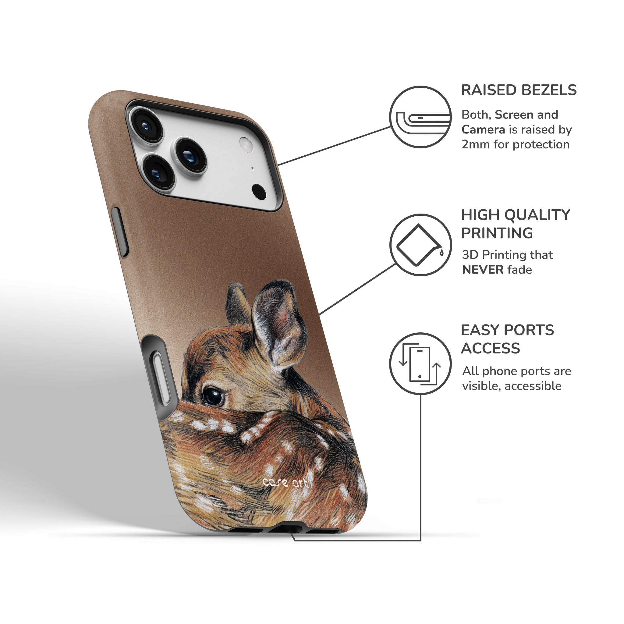 A phone case featuring a realistic 3D-printed fawn deer design on a brown background, shown with feature callout lines and text explaining raised bezels, high quality printing, and easy port access.